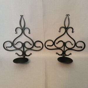 Pair Black Wrought Iron Hand Forged Pillar Candle Wall Sconces